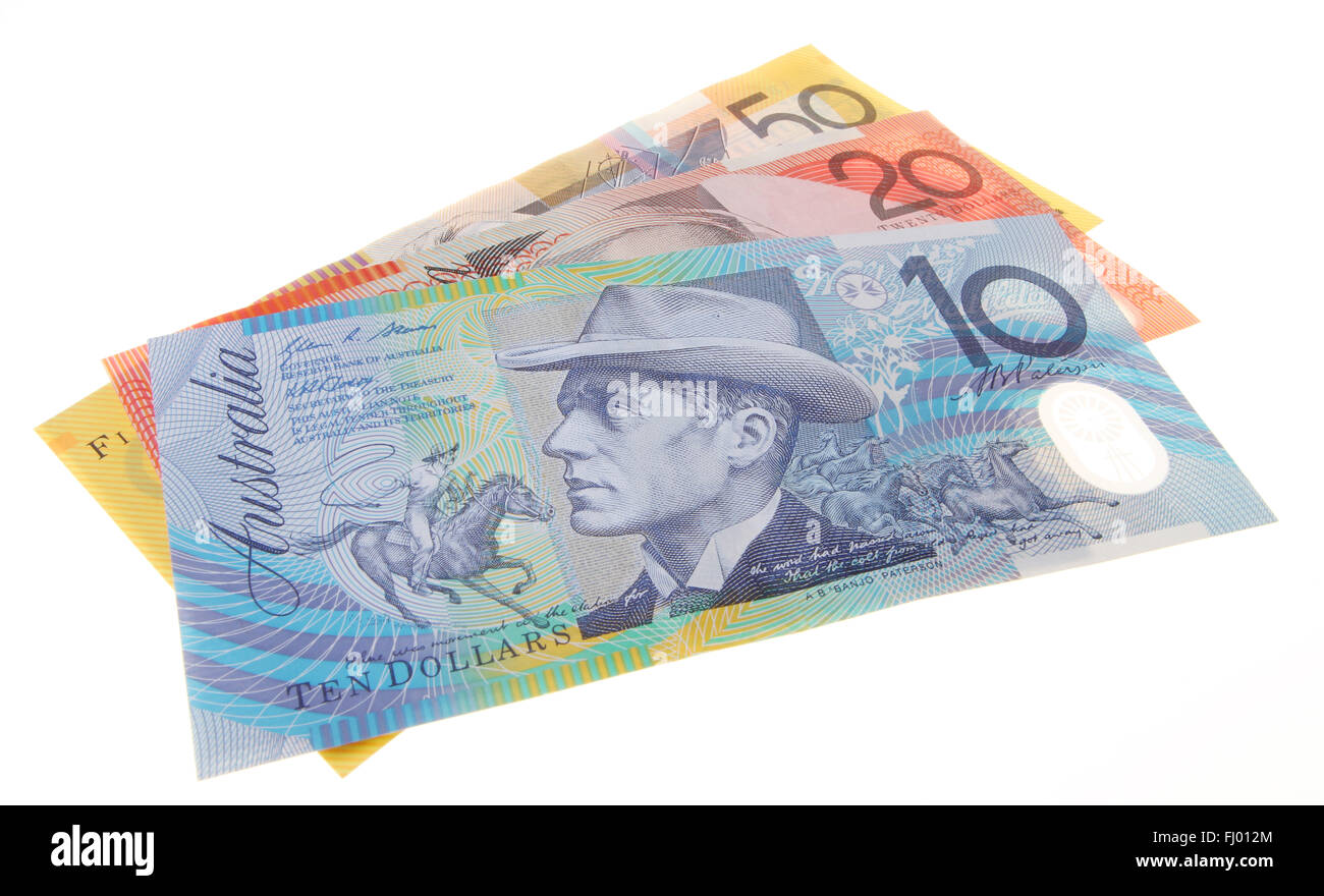 Tre Australian banconote includente un $10, $20 e $50 dollar nota isolati su sfondo bianco Foto Stock