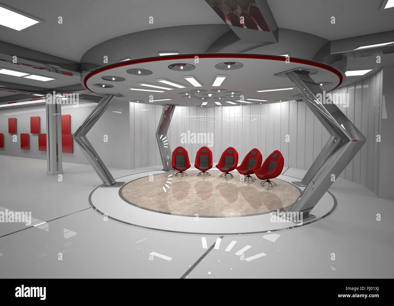 Camera futuristica con cinque red sedie girevoli, rendering 3D Foto Stock
