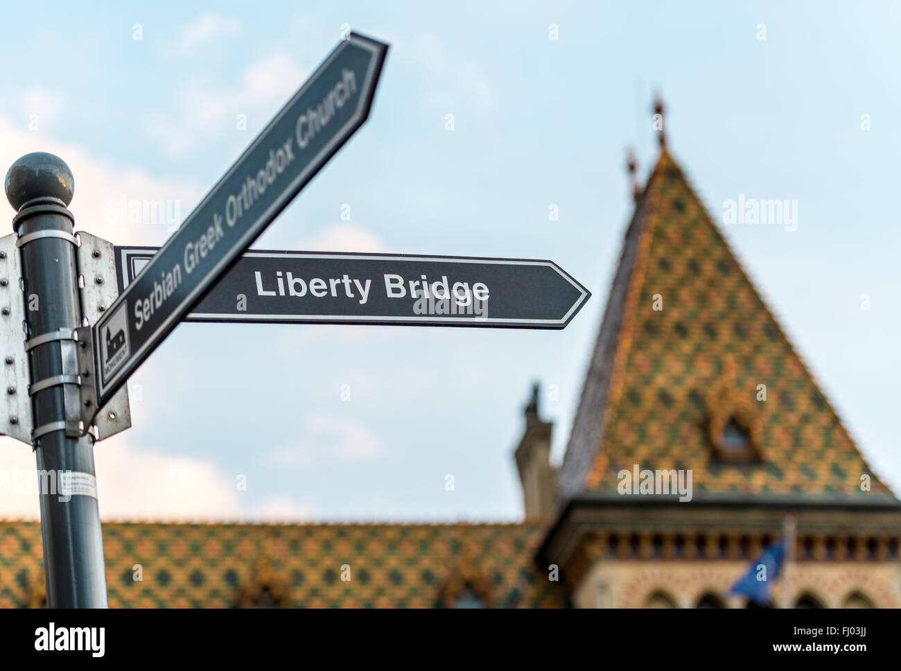 Budapest Ponte della Libertà palina con il tetto del mercato centrale e cielo blu in background. Foto Stock