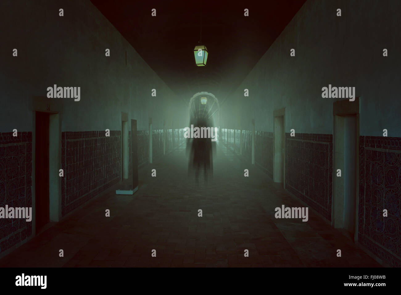 Male oscuro ombra in haunted edificio . Halloween e i toni horror Foto Stock