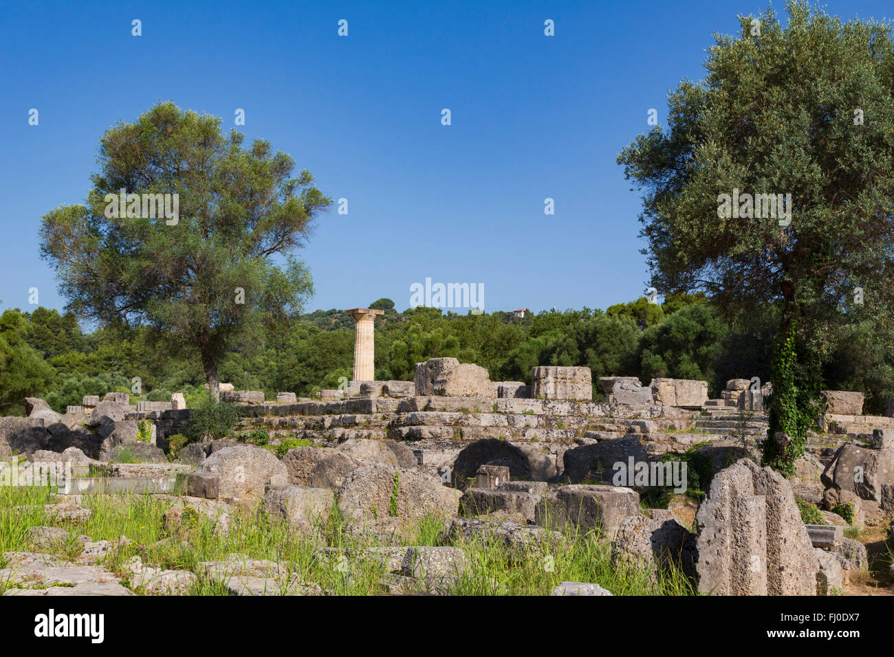 Olympia, Peloponneso e Grecia. Antica Olympia. Rovine del V secolo a.c. ordine dorico Tempio di Zeus. Foto Stock