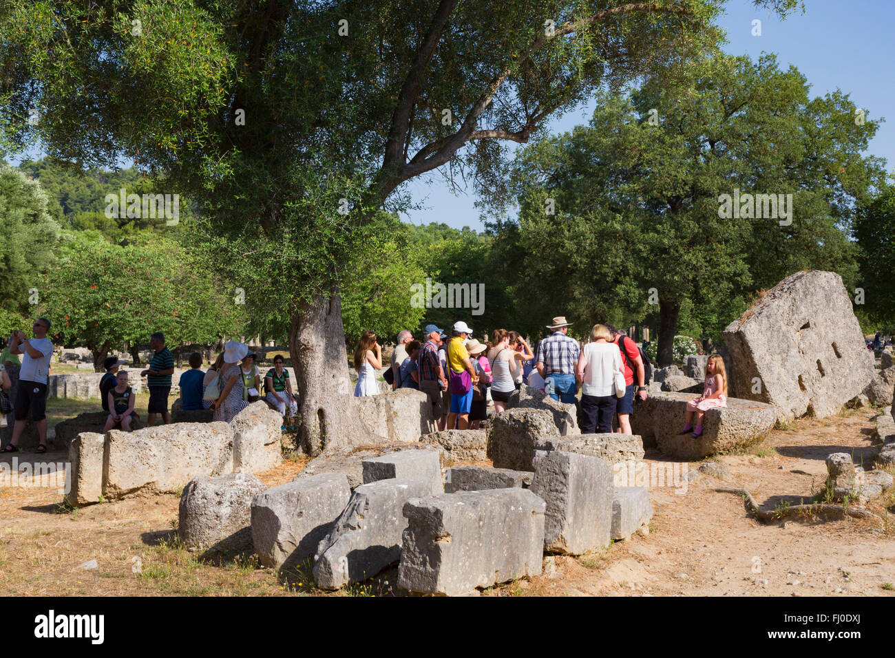 Olympia, Peloponneso e Grecia. Un gruppo di visitatori ascoltando una guida per spiegare la storia dell'antica Olympia. Foto Stock