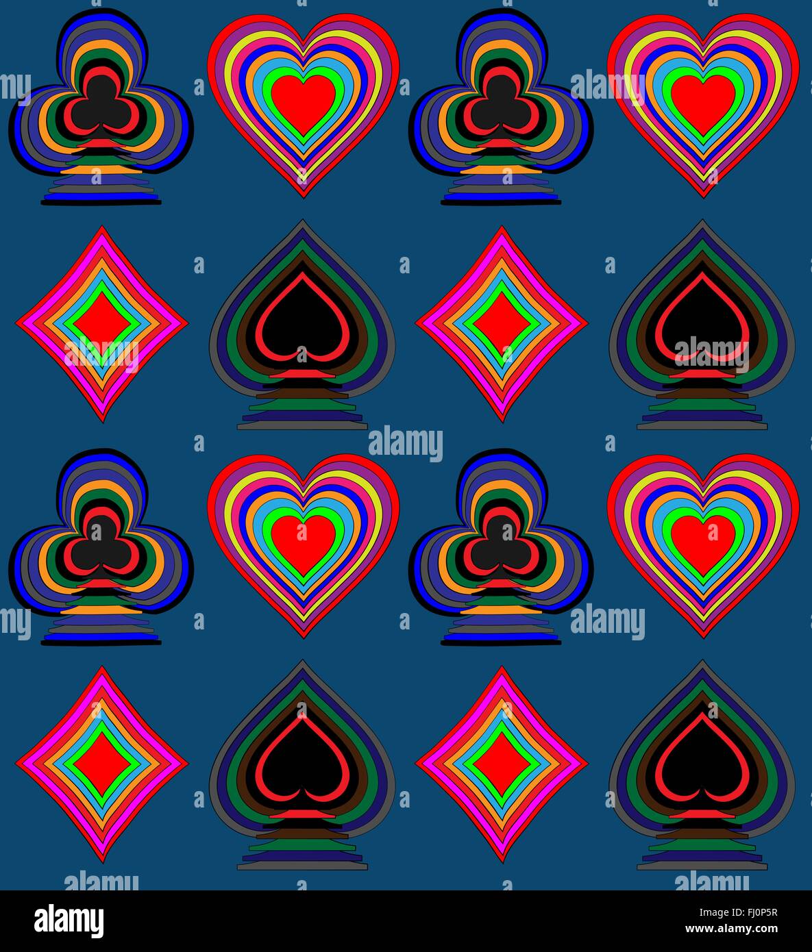 Trama colorata quattro tute di carta sul grigio scuro sullo sfondo. Mazzo di carte. Sfondo digitale modello di vettore. Illustrazione Vettoriale