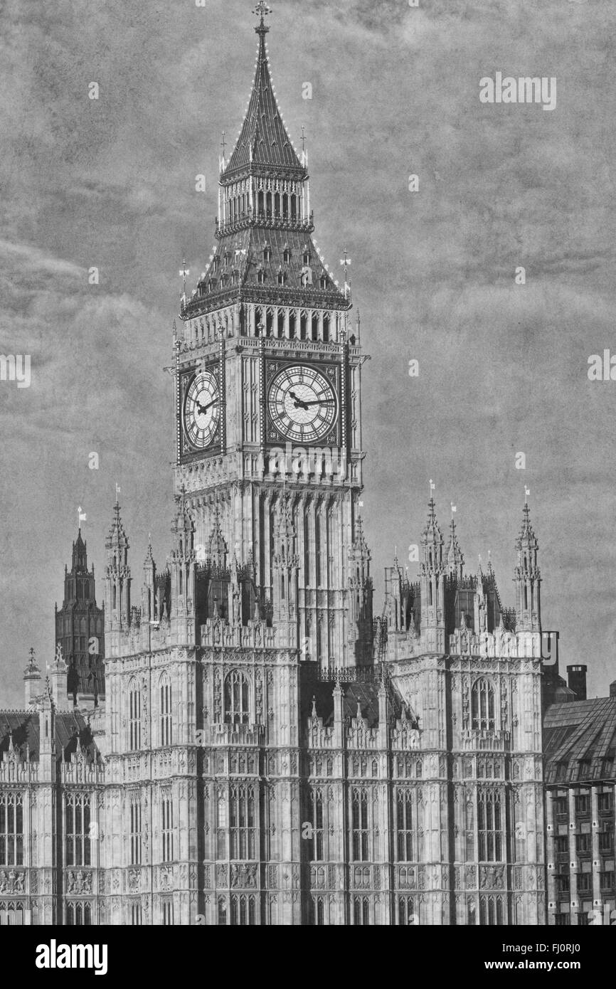 Schizzo a matita di Casa del Parlamento e dal Big Ben. Londra, Inghilterra Foto Stock