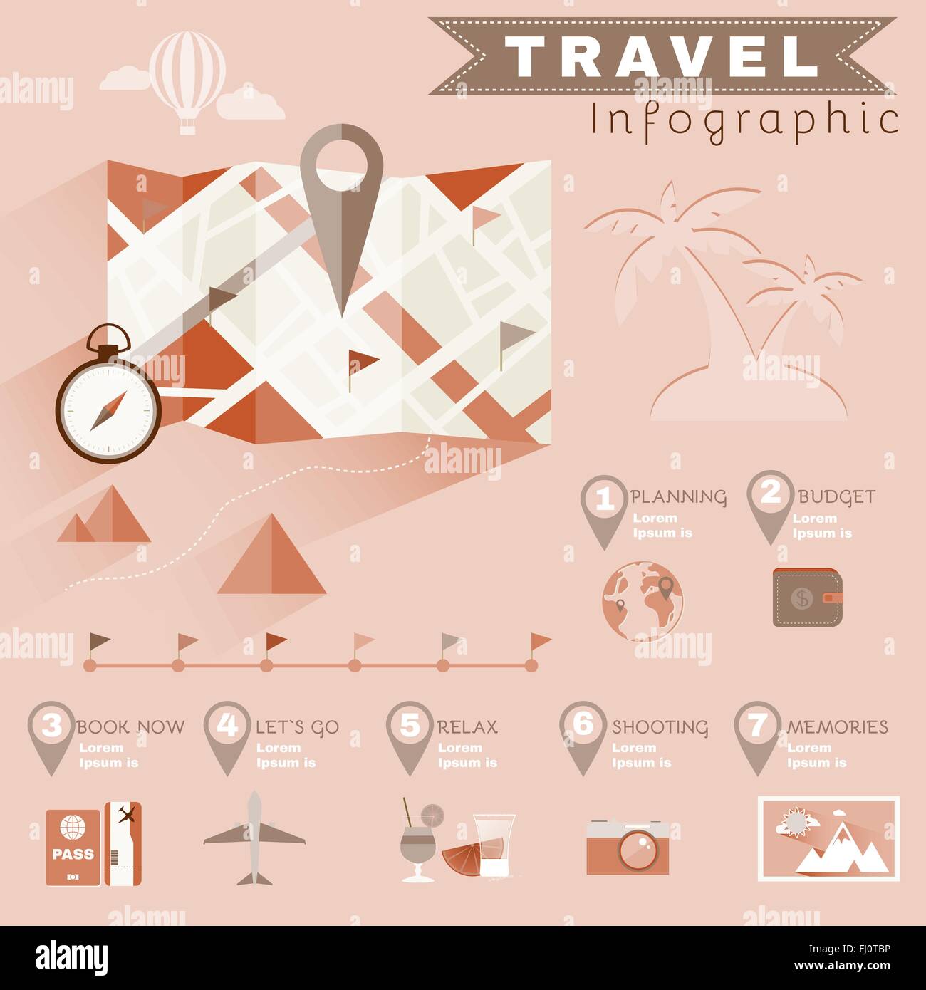 Pianificazione Infographics di viaggio. Illustrazione colorata per un flyer o un opuscolo. Vettore digitale di immagine di sfondo. Illustrazione Vettoriale