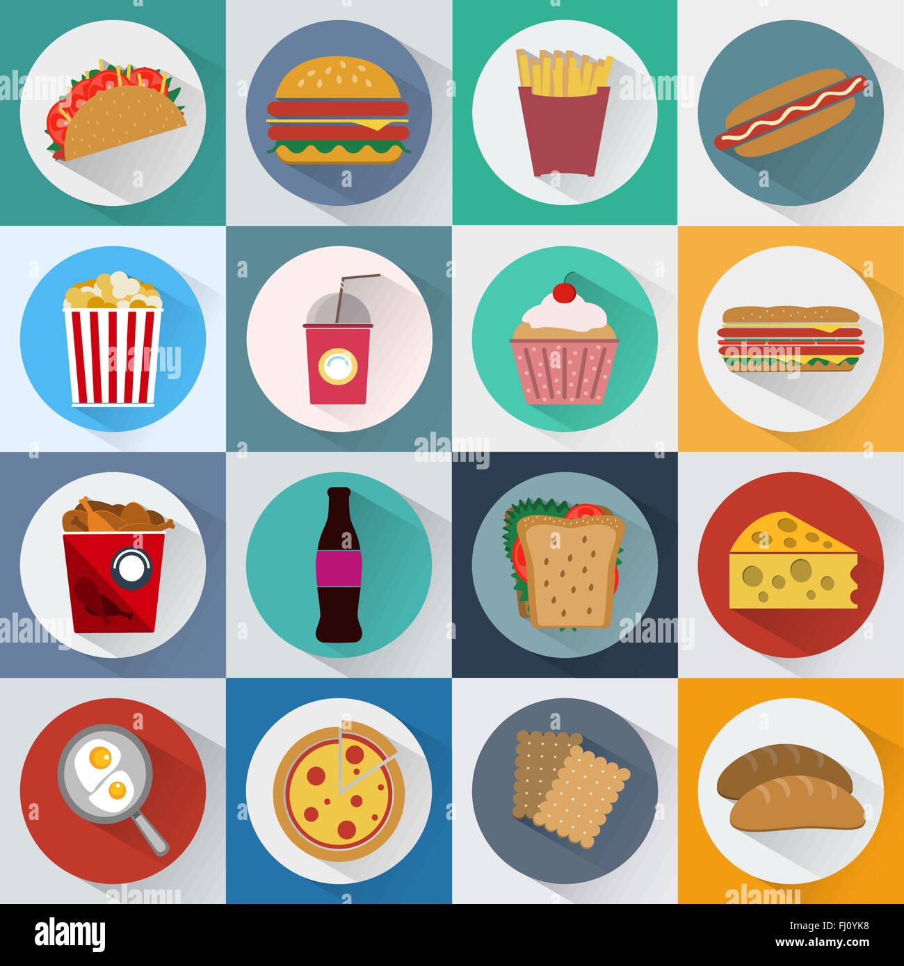Colorato Fast Food e snack set di icone. Patate fritte, hamburger, Soda bevande, Hot Dog e cracker. Ogni giorno la pausa pranzo Goodies. Illustrazione Vettoriale
