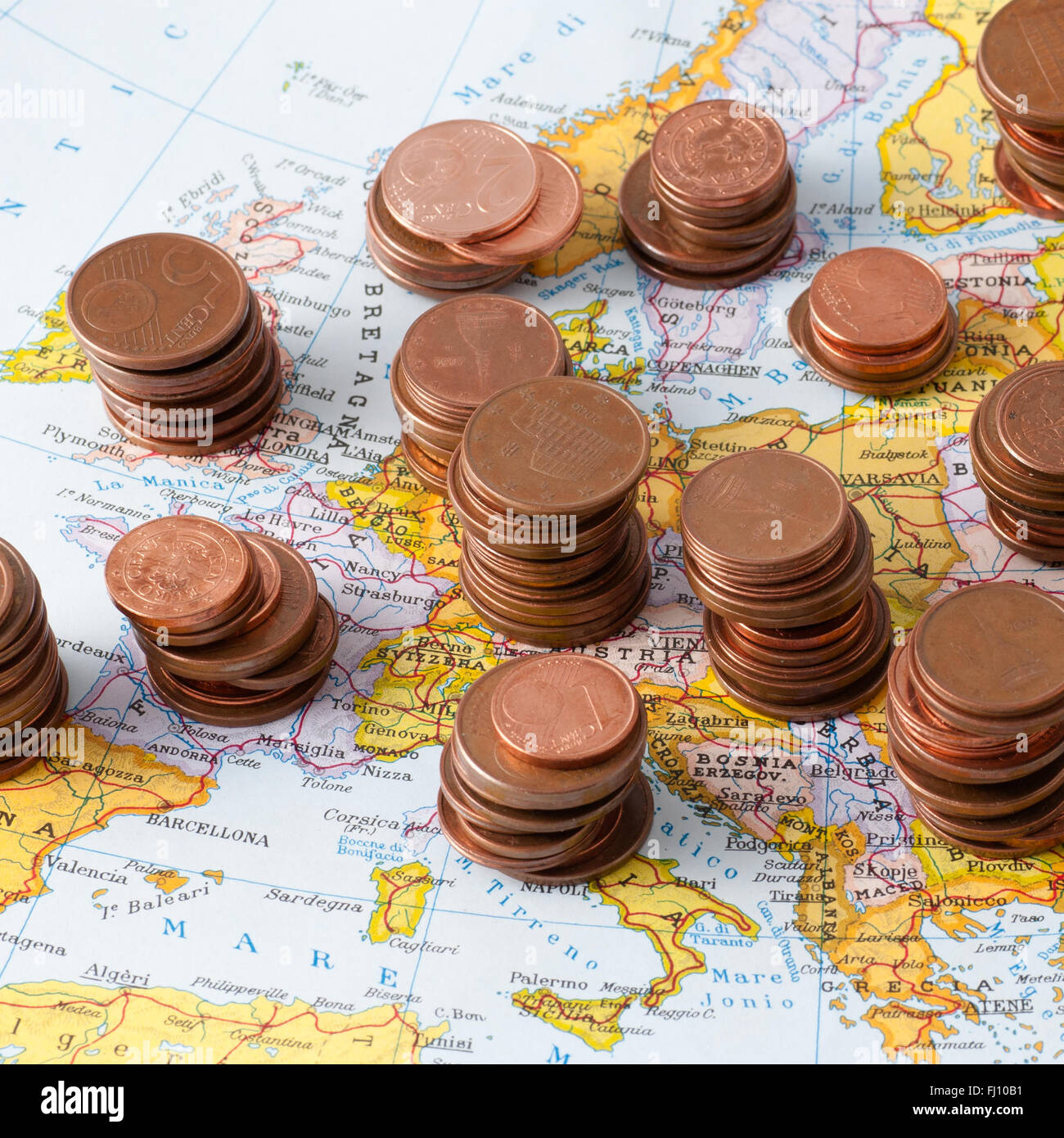 Mappa di Europa con le monete Foto Stock