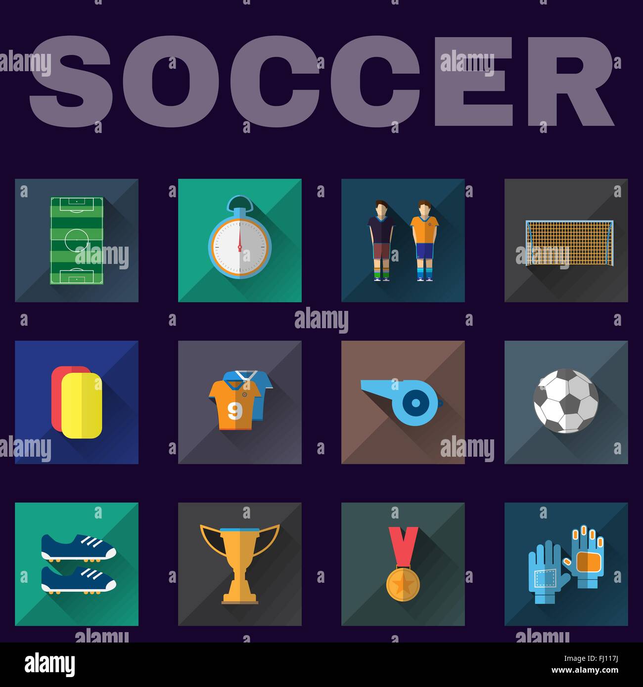 Gioco del calcio icone. Elementi di calcio - Commemorazione, cronometro, Bandiera, medaglia, Gold Cup a sfere, i giocatori e gli altri. Sfondo digitale Illustrazione Vettoriale