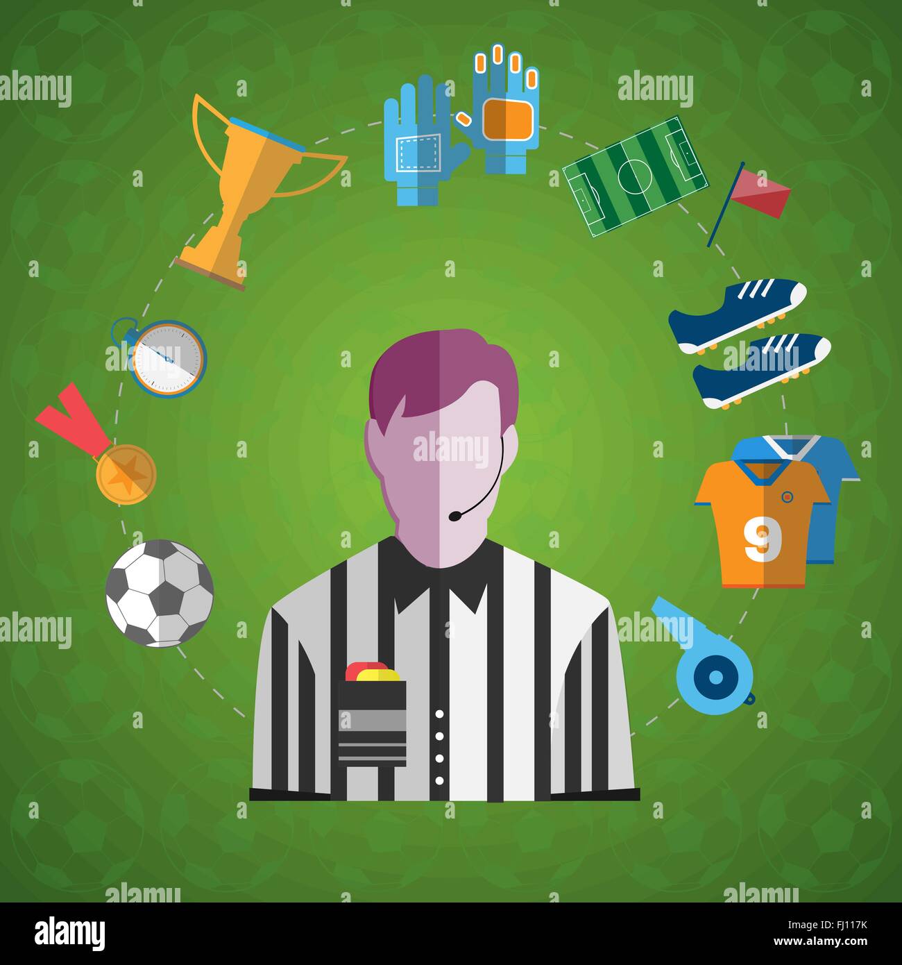 Big Soccer Icona set. Arbitro con microfono circondato da gioco del calcio gli elementi di sfondo digitale illustrazione vettoriale. Illustrazione Vettoriale