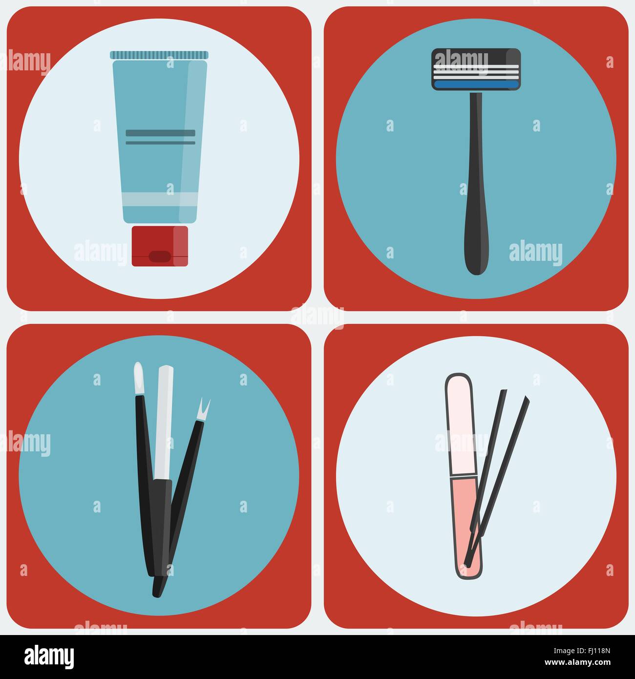 Strumenti di bellezza icon set. La crema per la rasatura, il rasoio. Kit di manicure, lima per unghie, cuticola spintore, remover. Le pinzette. Sfondo digitale. Illustrazione Vettoriale