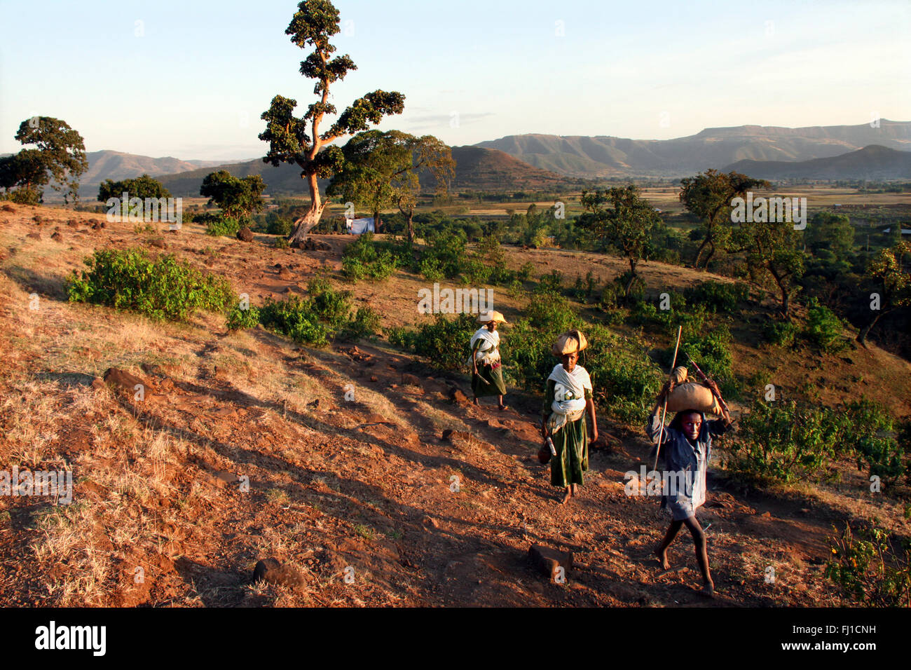 La gente a piedi nella campagna vicino a Lalibela - tipico paesaggio / naturein Nord dell Etiopia Foto Stock