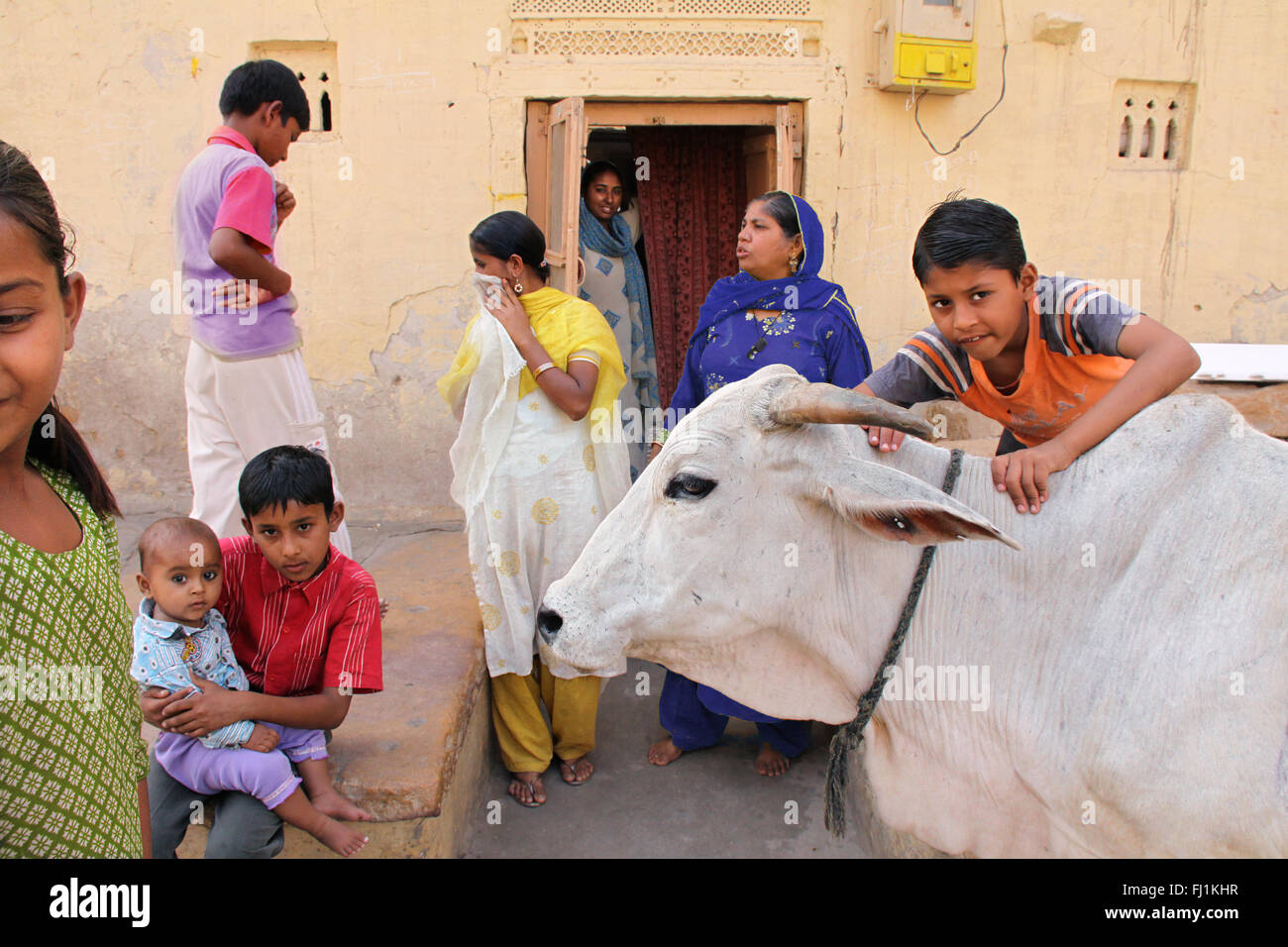I membri della famiglia all'ingresso della loro casa con vacca sacra in Jaisalmer, India Foto Stock