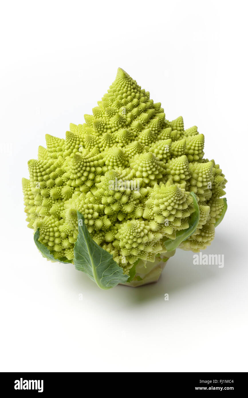 Uno fresco intero di Broccolo romanesco su sfondo bianco Foto Stock