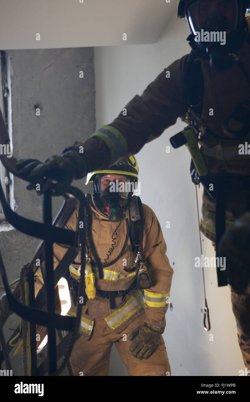 Sabato 26/02/2016 cinque motori Fire, intorno 25 vigili del fuoco e una altezza di veicolo sono stati coinvolti nella simulazione di scenario di incendio a vasche Hill House sulla London Road. Gli equipaggi di rispondere ad un 999 chiamata di emergenza da gli appaltatori che lavorano nell'edificio, che si compone di due torri, ognuna delle otto piani. Il dramma si svolge dopo il fuoco scoppia tra il settimo e ottavo piani con quattro persone segnalate come mancanti. Foto Stock