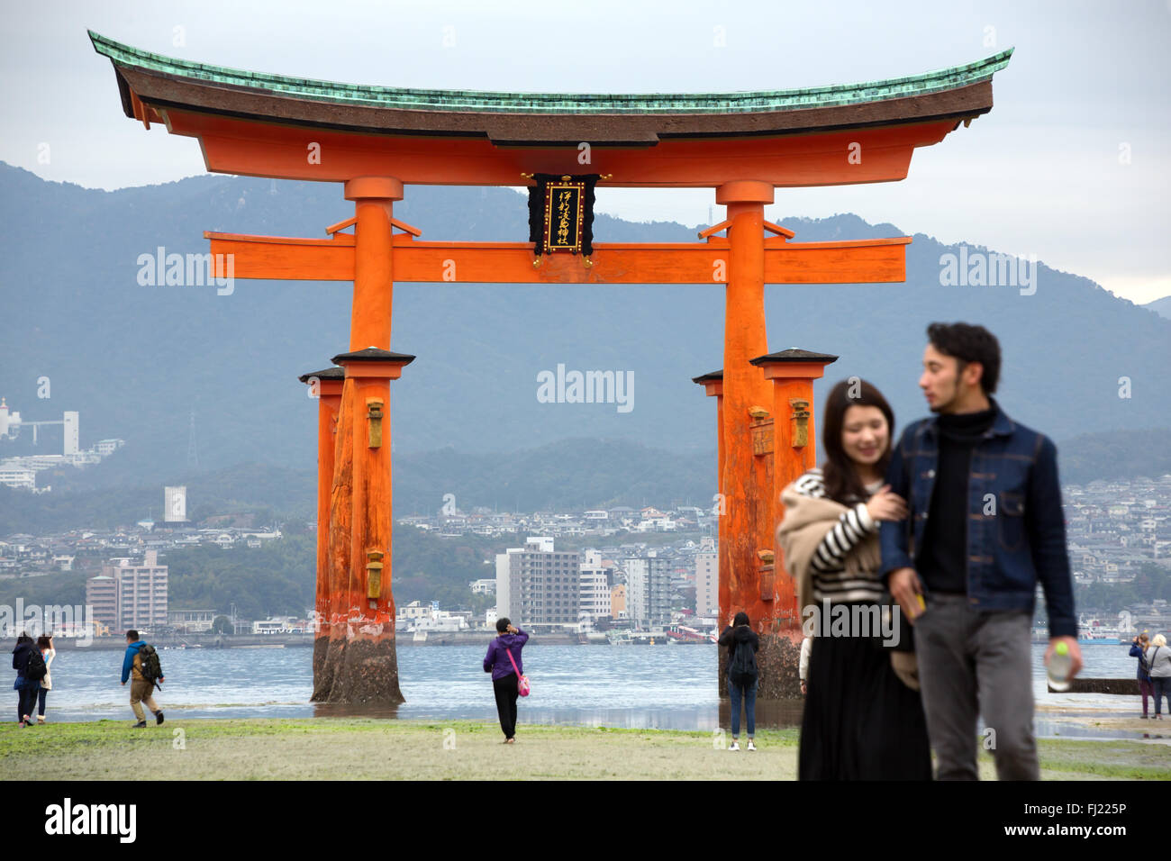 Santuario di Itsukushima è un sacrario scintoista su l'isola di Itsukushima (popolarmente noto come Miyajima), più noto per la sua floating torii gate. Foto Stock