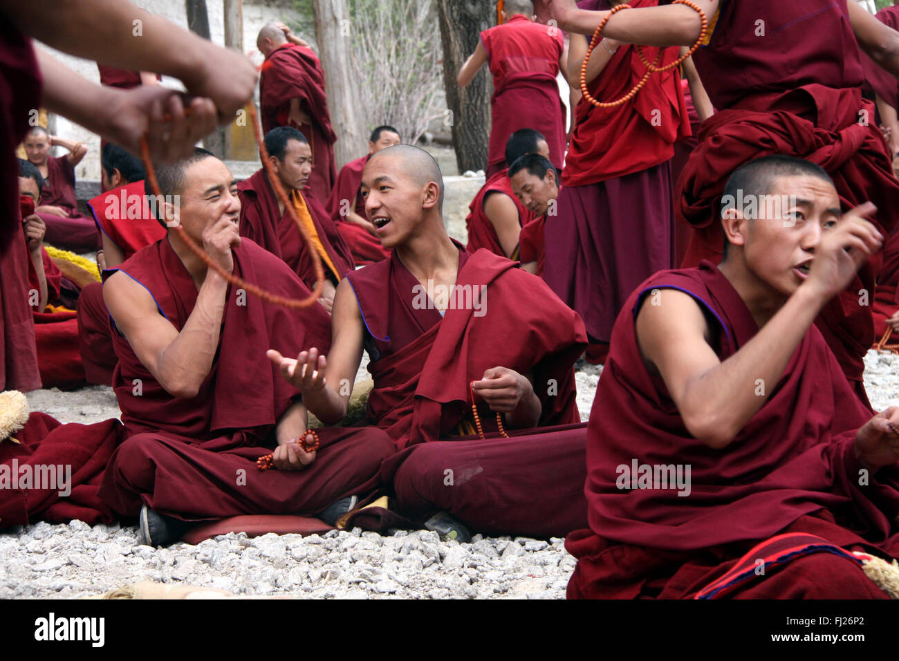 Monaci Tibetani discutendo a Jokhang Tempio, Lhasa, in Tibet Foto Stock