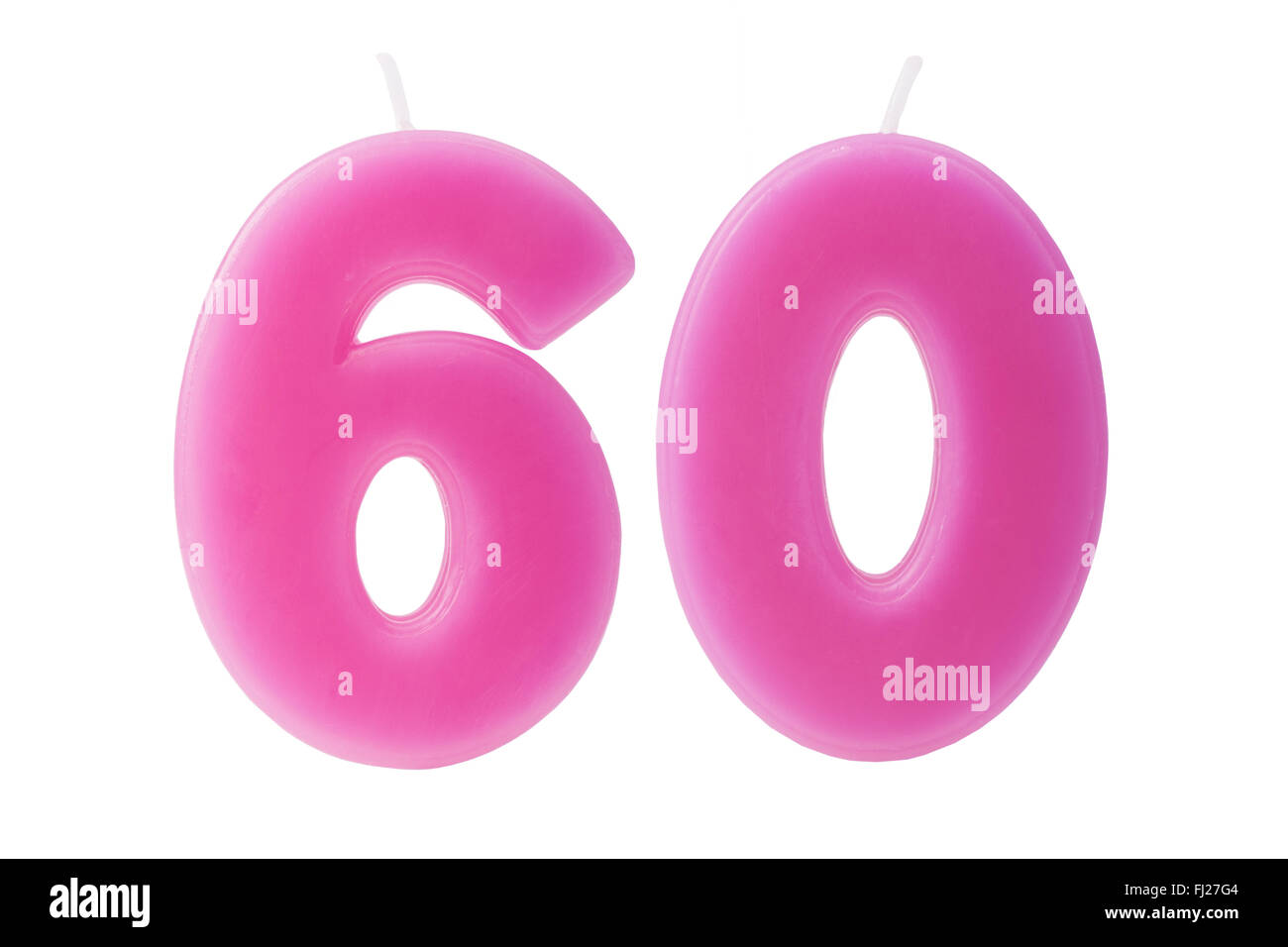 Colorato candeline di compleanno a forma di numero 60 su sfondo bianco Foto Stock