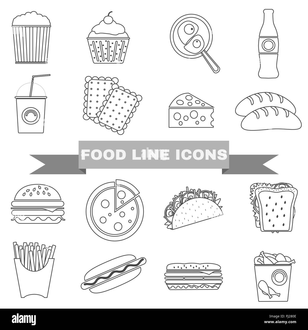 Big Black & White linea Fast Food e spuntini Vector Icon Set. Cheeseburger, popcorn, patate fritte, hamburger, Soda Drink, Hot Dog Illustrazione Vettoriale