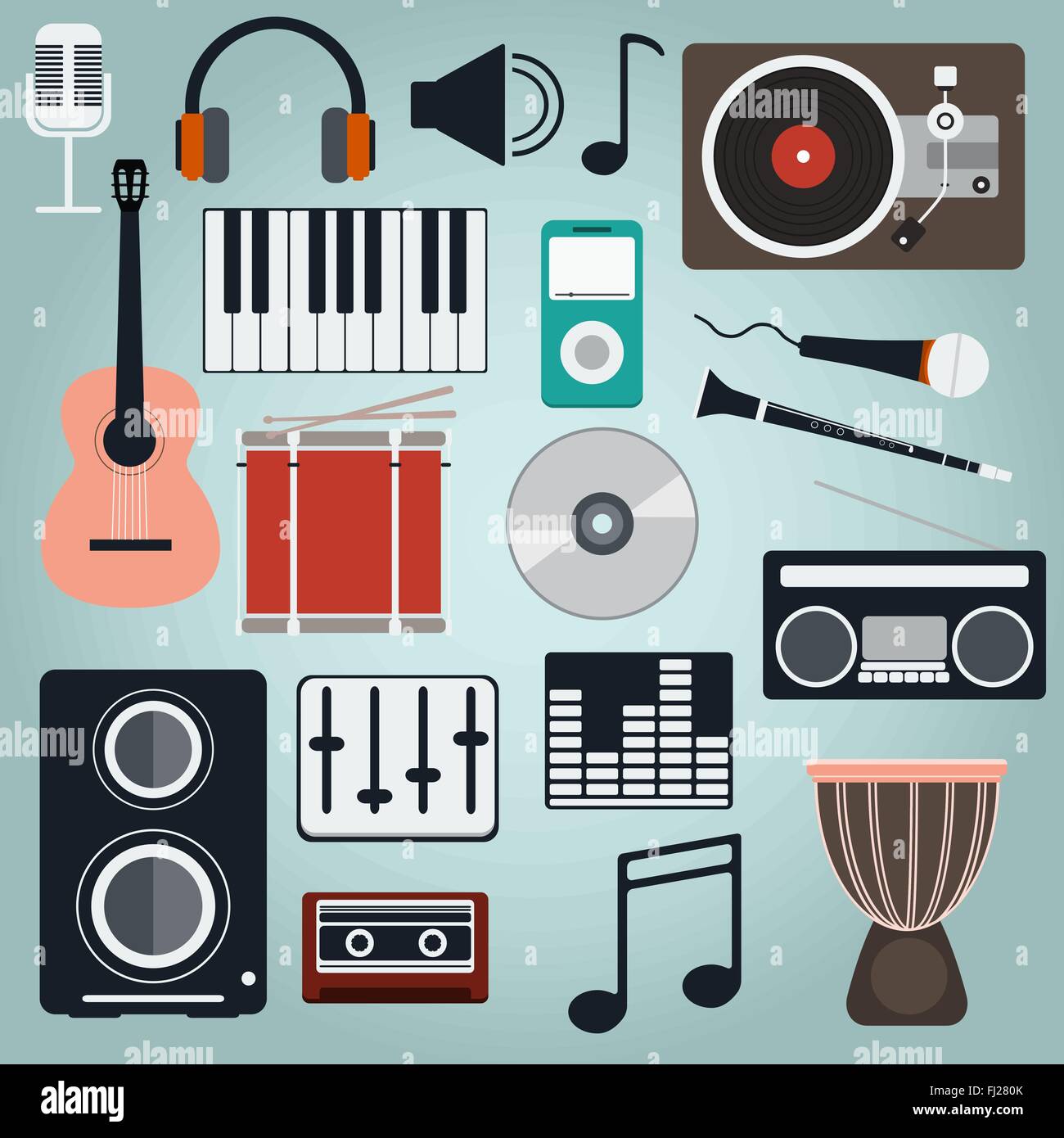 Strumenti di musica e gadget grande icona set. Microfono. Le cuffie. Cassetta. Lettore. Il clarinetto. Chitarra. Tamburi. Pianoforte elettrico. Illustrazione Vettoriale