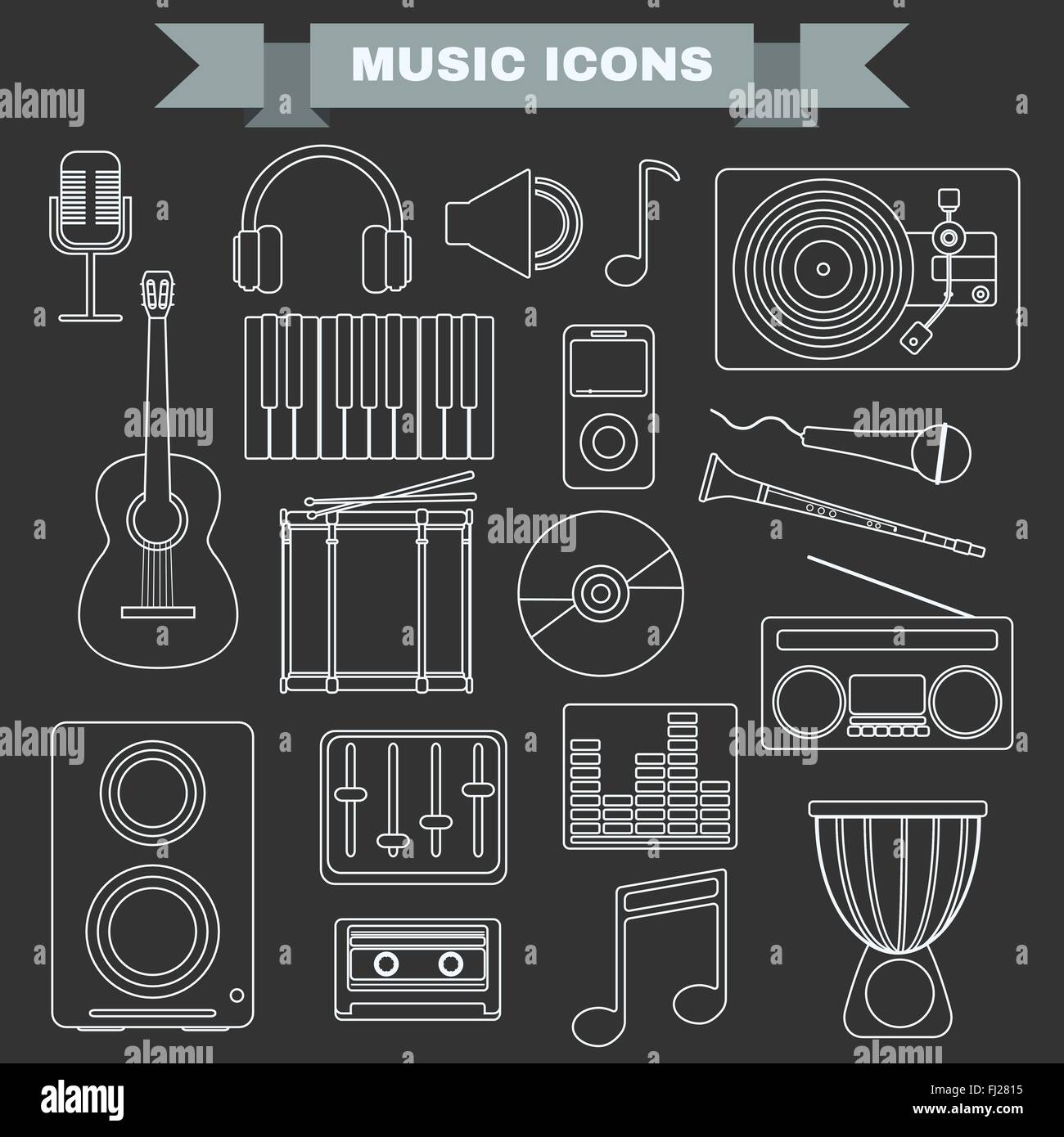 Strumenti di musica e gadget grande icona set. Microfono, cuffie, nastro, giocatore, clarinetto, chitarra, percussioni pianoforte elettrico. Illustrazione Vettoriale
