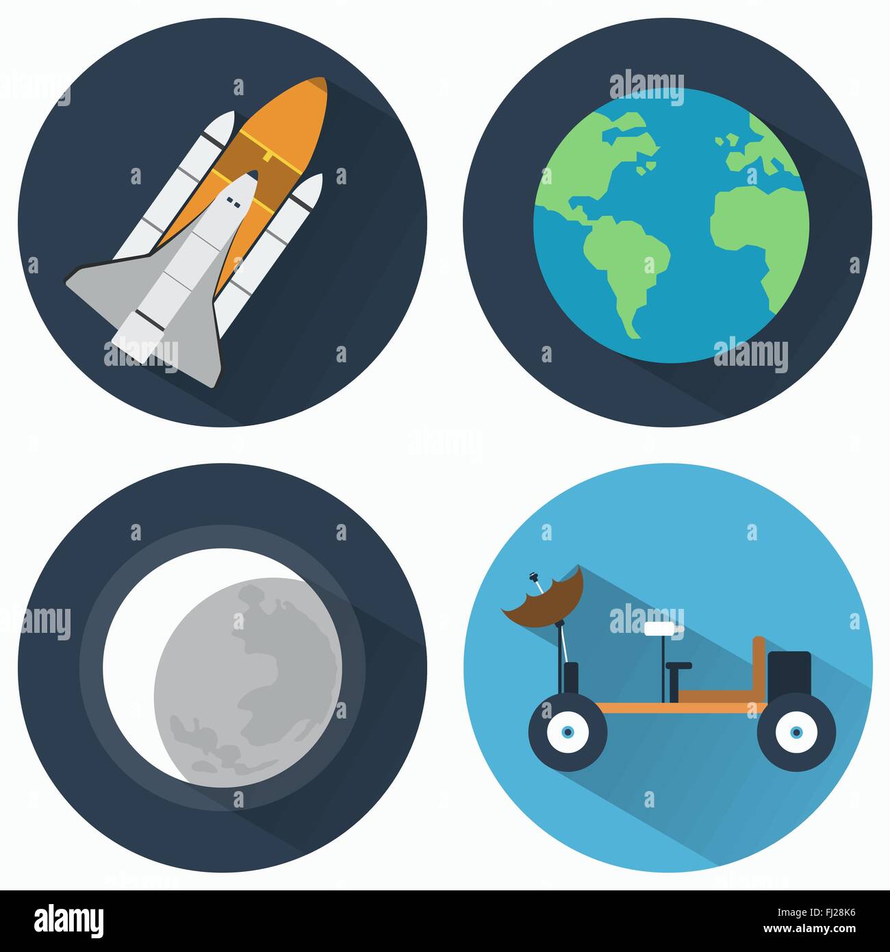 Astronomia set di icone. La terra e la luna e rucola. Luna rover per esplorare pianeti diversi. Gli oggetti utilizzati per i manuali di istruzione. Illustrazione Vettoriale