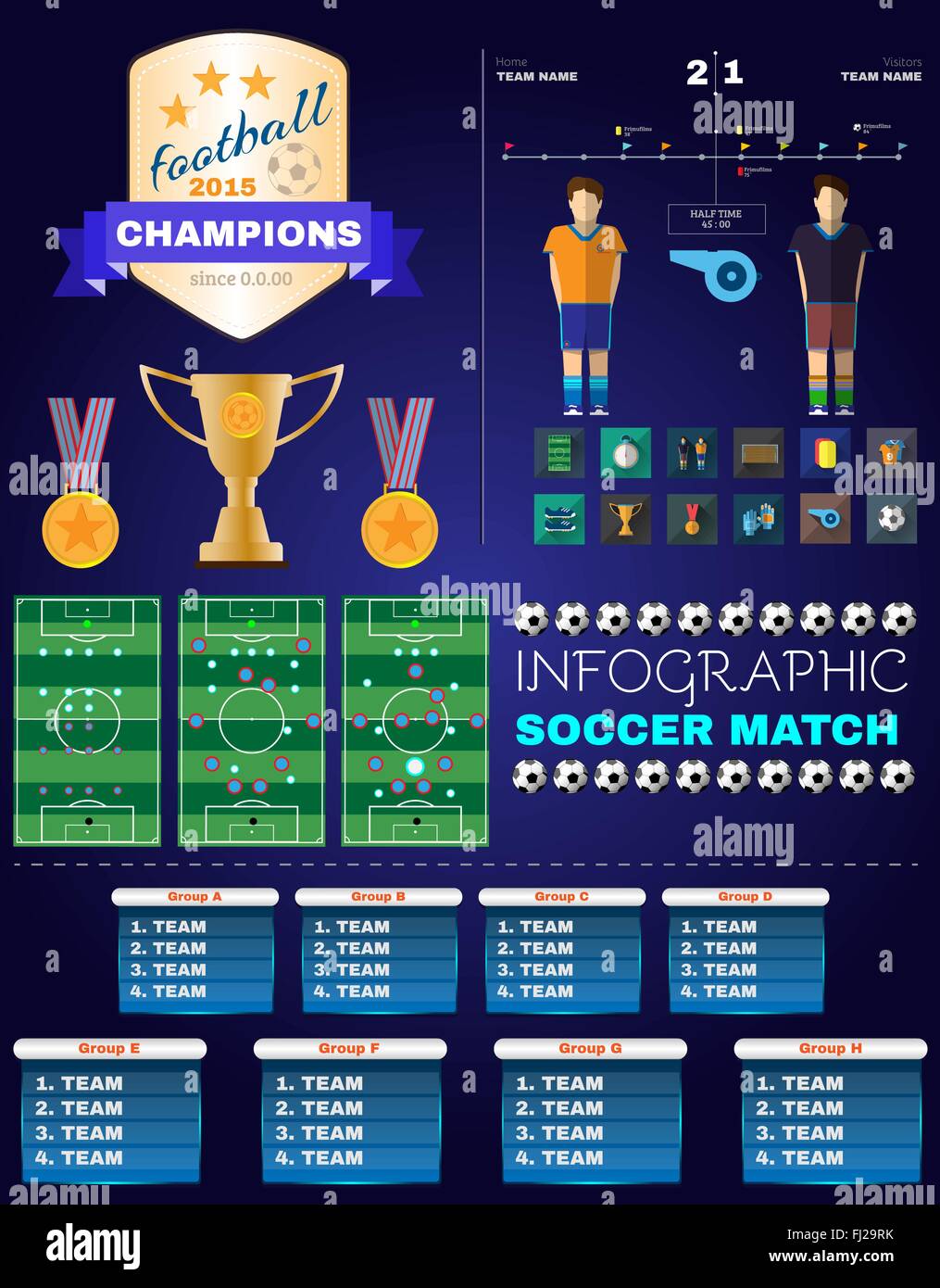 Una infografica partita di calcio. Campionato di calcio Flyer. Vettore di sport di set di icone. Illustrazione Digitale. Elementi di calcio - Golden Illustrazione Vettoriale