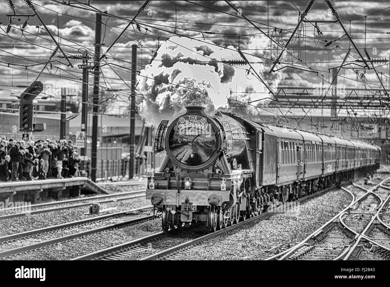 Flying Scotsman entrando Doncaster stazione ferroviaria Foto Stock