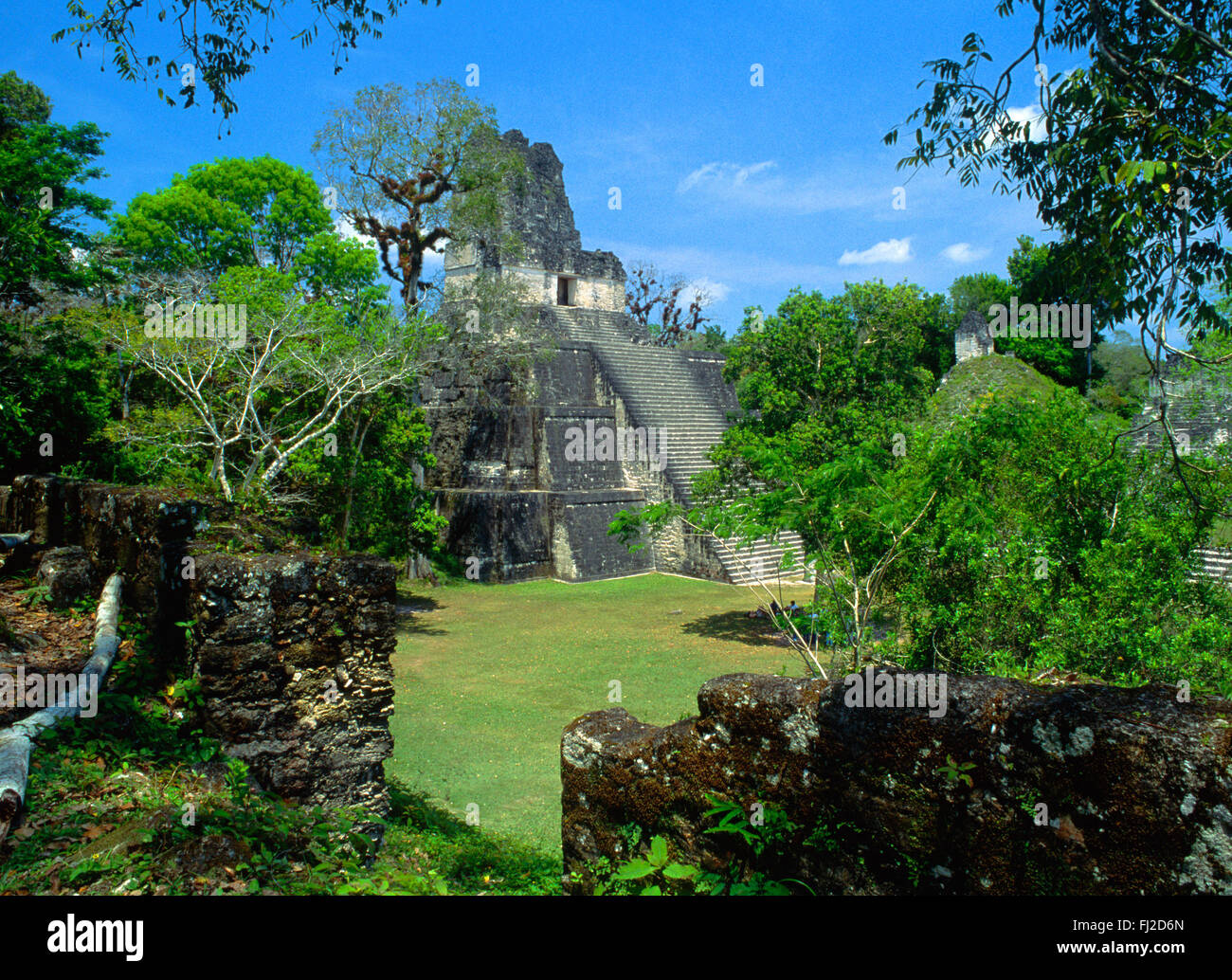 Tempio II, 125 ft. tall & datato al 700 D.C. un antico residuo della grande civiltà Maya - Tikal, Guatemala Foto Stock