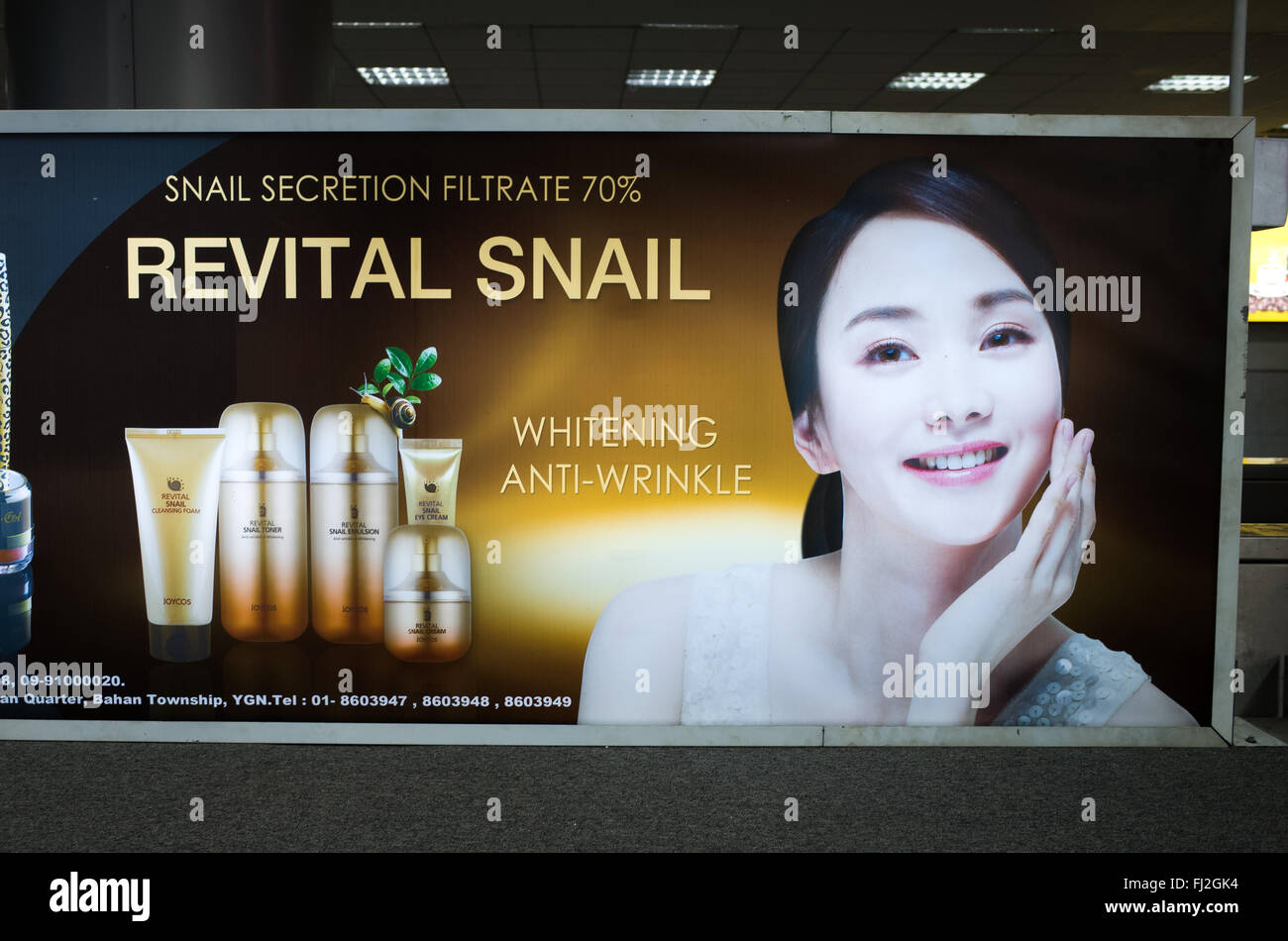 Revital Snail Whitening Anti-Wrinkle Cream Advertisement // una pubblicità per Revital Snail, un marchio coreano di crema sbiancante anti-rughe con filtrato di secrezione di lumaca al 70%. Foto Stock