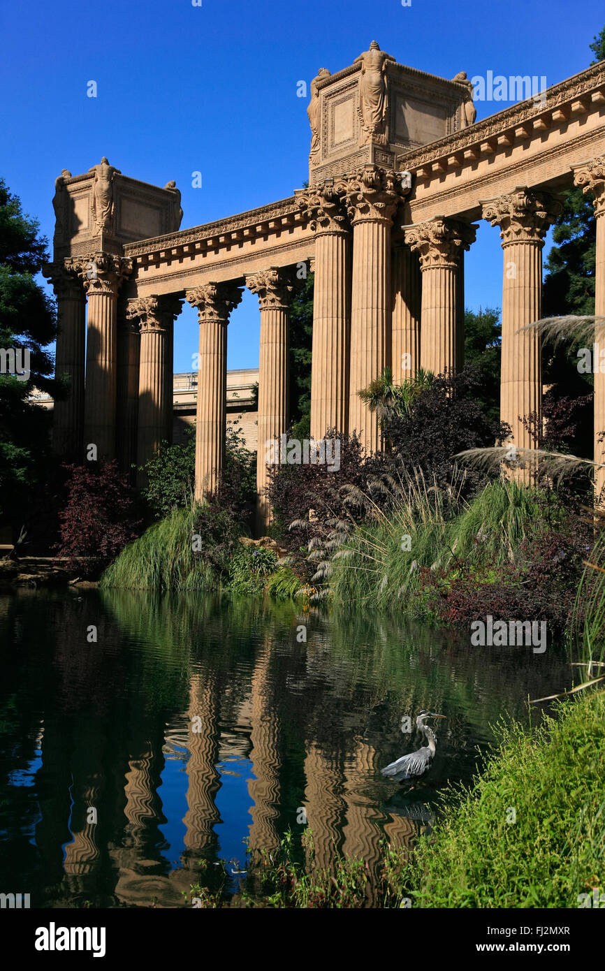 Colonne di stile romano adornano il PALAZZO DELLE BELLE ARTI teatro con il suo splendido laghetto e un airone blu - SAN FRANCISCO, CALIFO Foto Stock