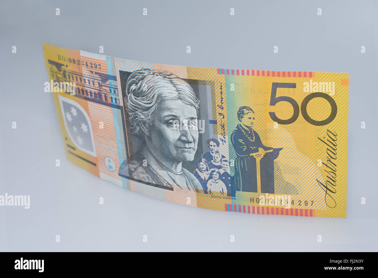 Australian permanente di cinquanta dollari banconota Edith Cowan lato alto Foto Stock