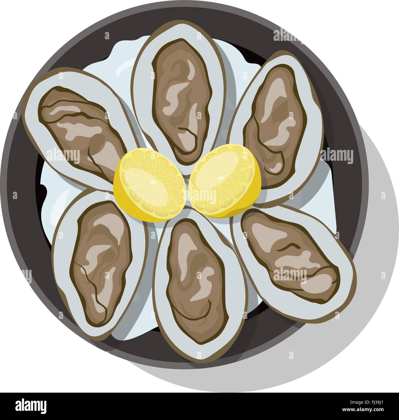 Materie oyster nella shell con la fetta di limone. Illustrazione Vettoriale Illustrazione Vettoriale