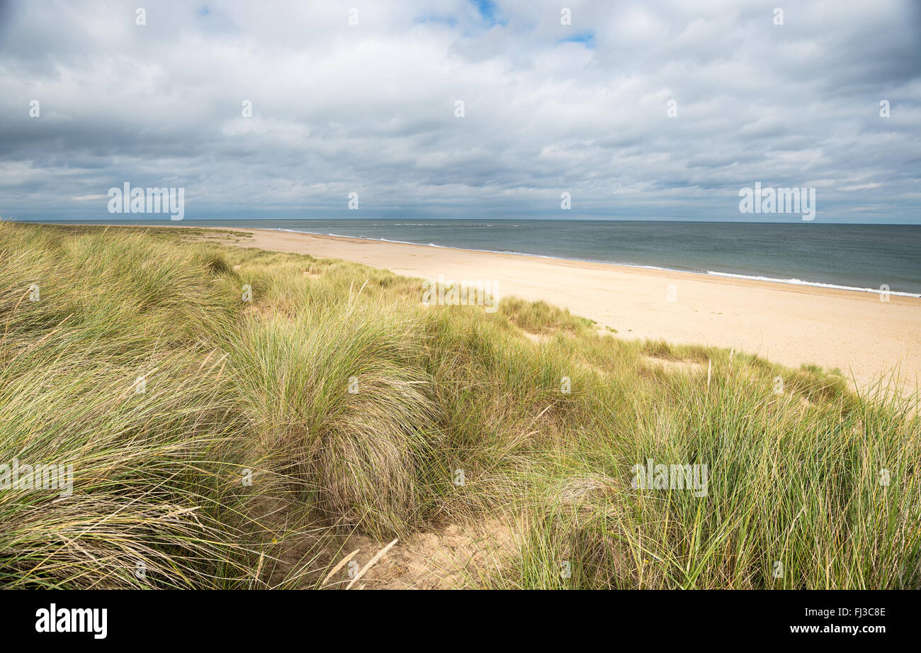 A guardare il mare del Nord oltre la spiaggia e le dune di sabbia a Winterton sul mare sulla costa di Norfolk Foto Stock