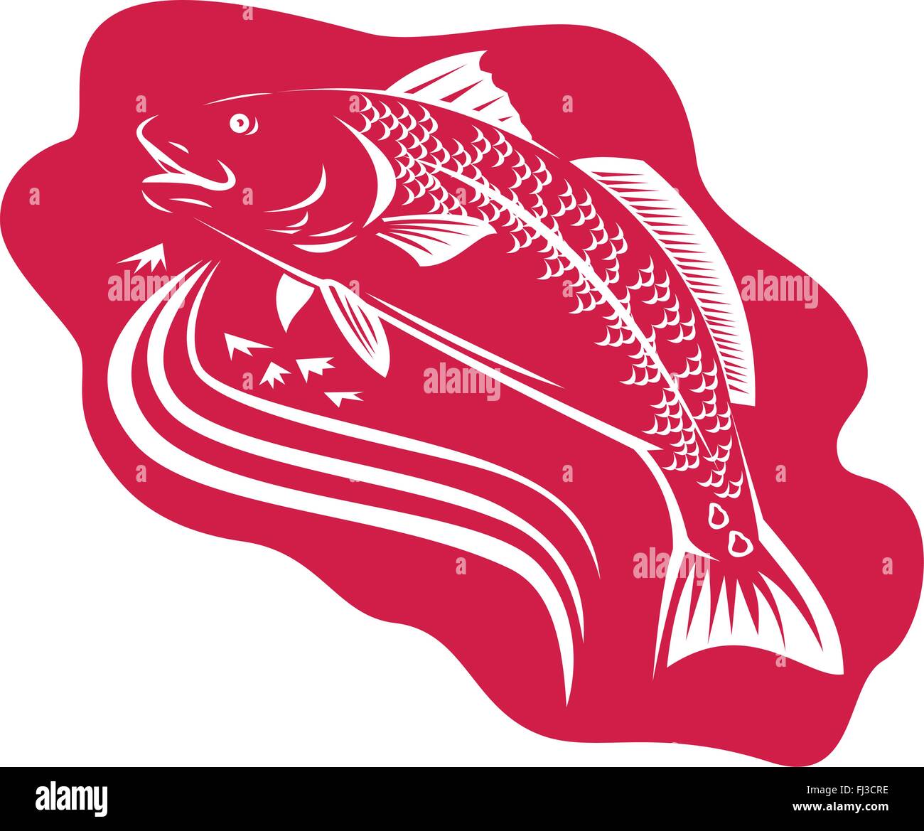 Illustrazione di un tamburo rosso spottail bass pesce fatto rétro xilografia stile. Illustrazione Vettoriale