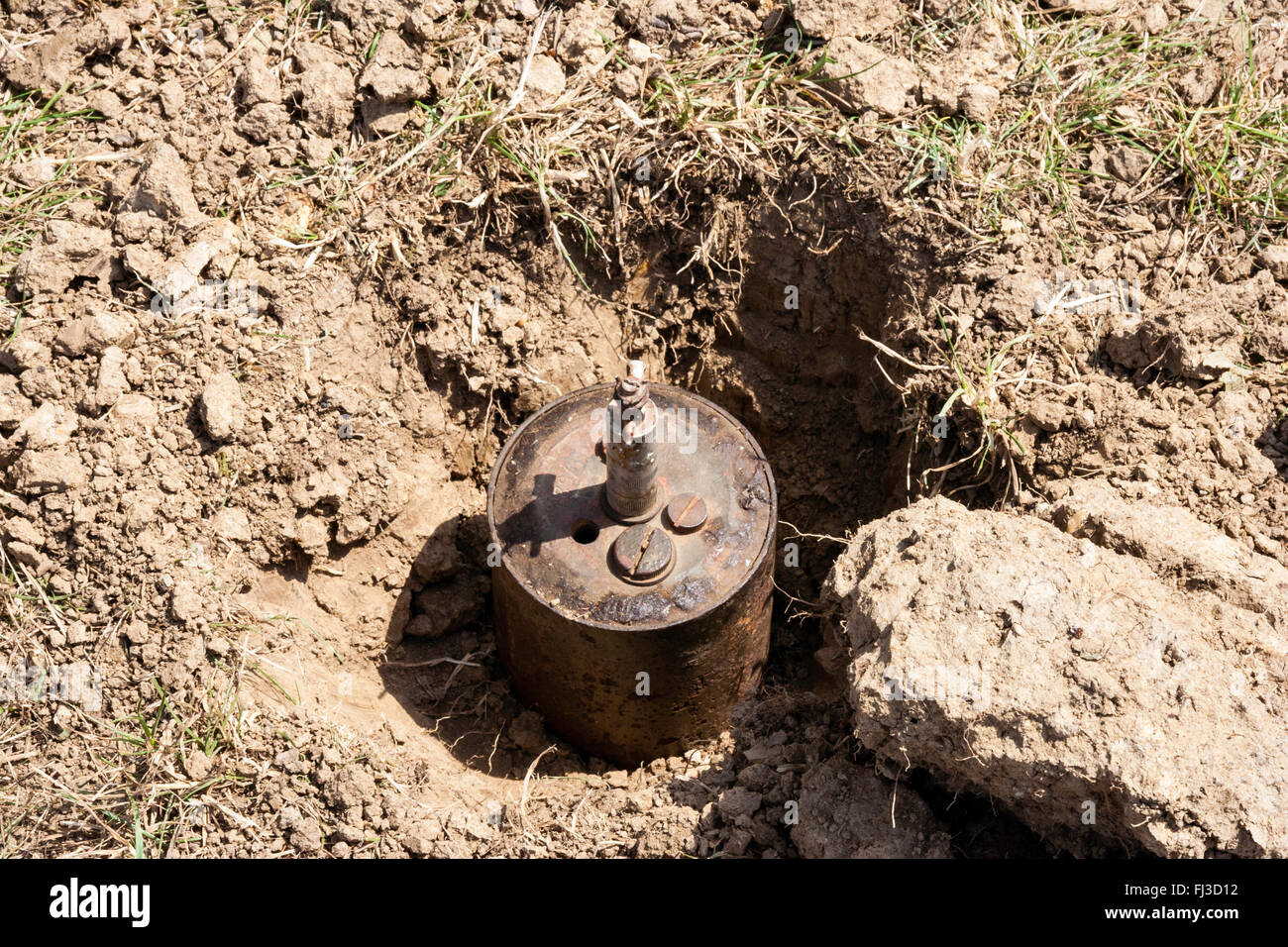 Guerra e pace show, Inghilterra. Rievocazione, seconda guerra mondiale tedesco S-miniera, bouncing Betty. Infissa a terra, suolo cancellata attorno al mio Foto Stock