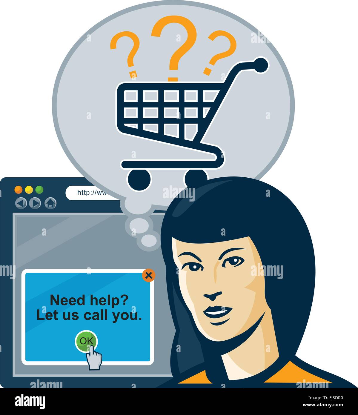 Illustrazione di una femmina di internet shopper con bolla e carrello e il browser web di internet in background. Illustrazione Vettoriale