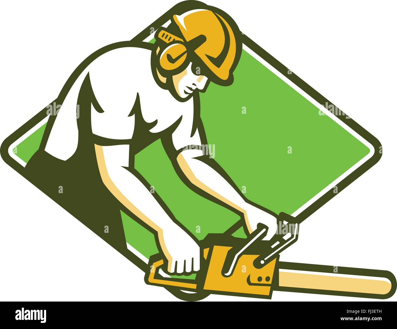 Illustrazione vettoriale di un albero chirurgo arborist giardiniere tradesman lavoratore tenendo un chainsaw rivolto verso il lato interno impostato a forma di diamante fatto in stile retrò isolato su sfondo bianco. Illustrazione Vettoriale