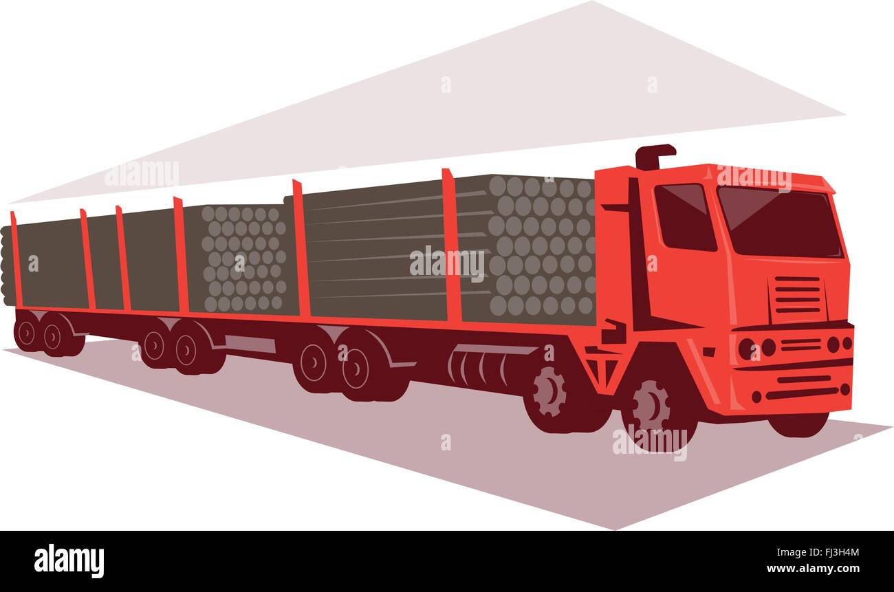 Illustrazione vettoriale di un logging autocarro autocarro e rimorchio fatto in stile retrò. Illustrazione Vettoriale