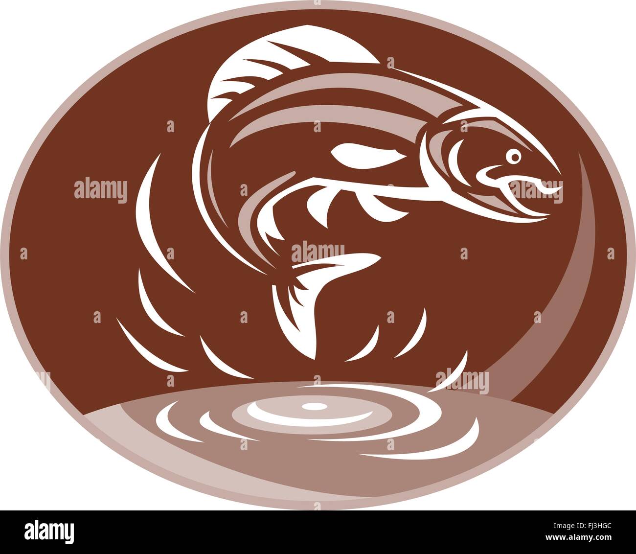 Illustrazione vettoriale di una trota pesci saltare sopra l'acqua facendo un tuffo e increspature imposta all'interno di ellisse isolato su sfondo bianco. Illustrazione Vettoriale