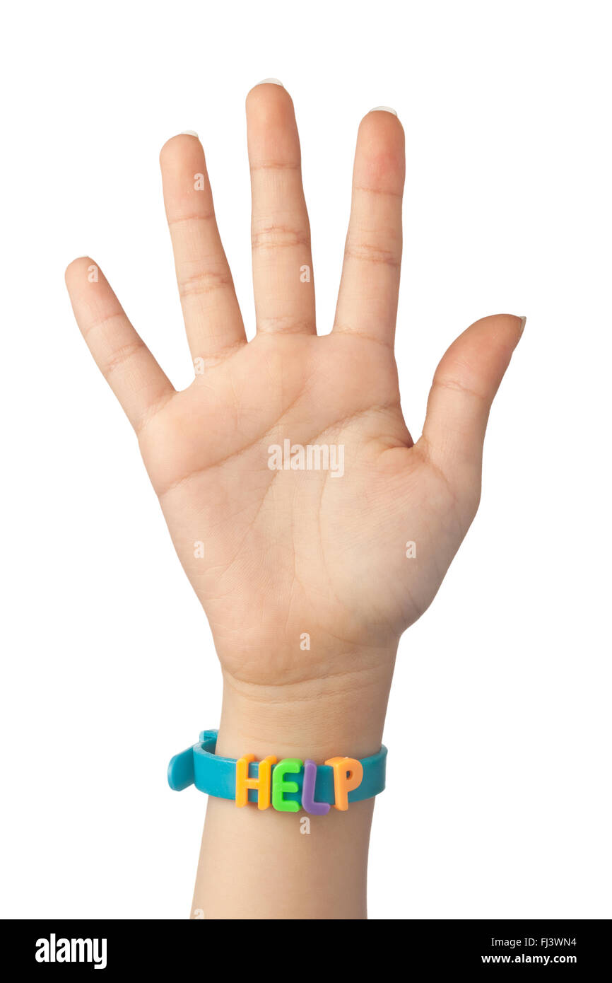 Bracciale sul bambino la mano con la parola help isolati su sfondo bianco Foto Stock