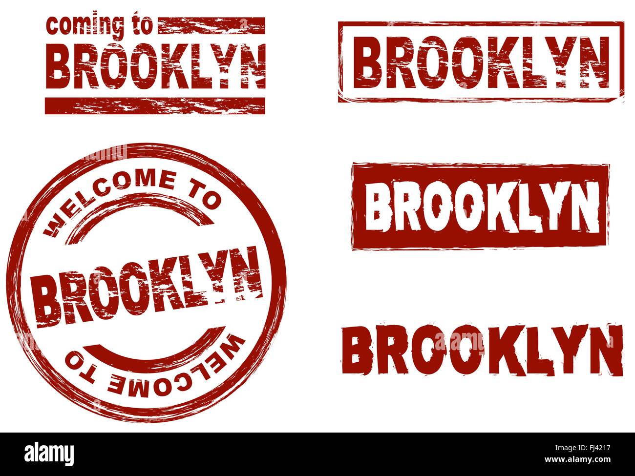 Set di inchiostro stilizzata timbri che mostra la città di Brooklyn Illustrazione Vettoriale
