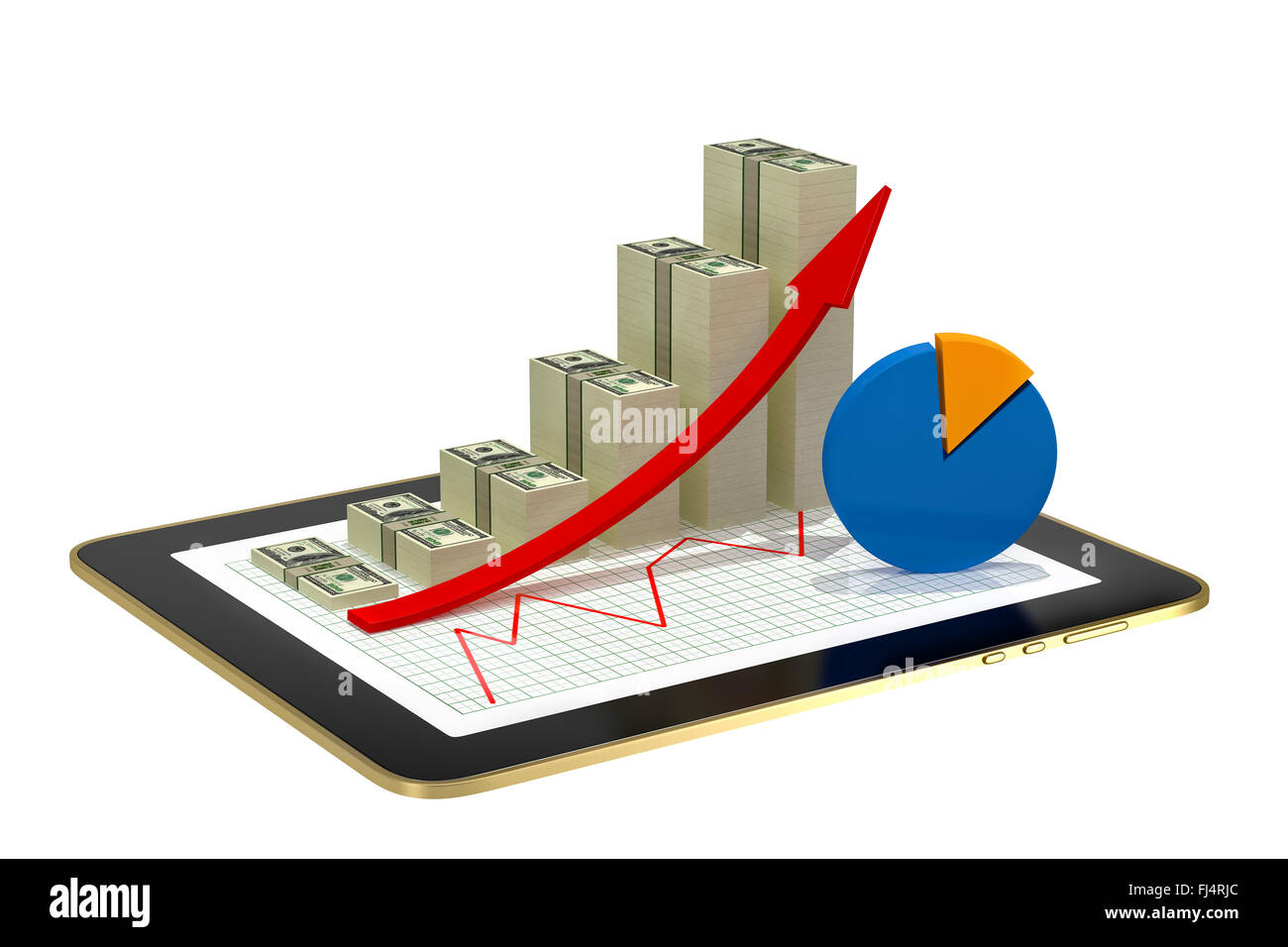 Tablet - denaro di grafici a barre che mostra profitti crescono Foto Stock