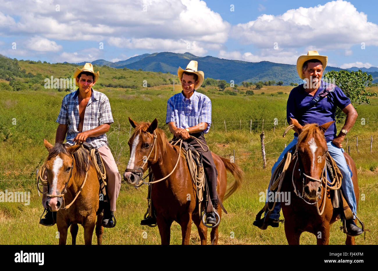 Cavalli domestici (Equus przewalskii f. caballus), tre cowboys cubana ai loro cavalli, vista frontale, Cuba, Cienfuegos Foto Stock