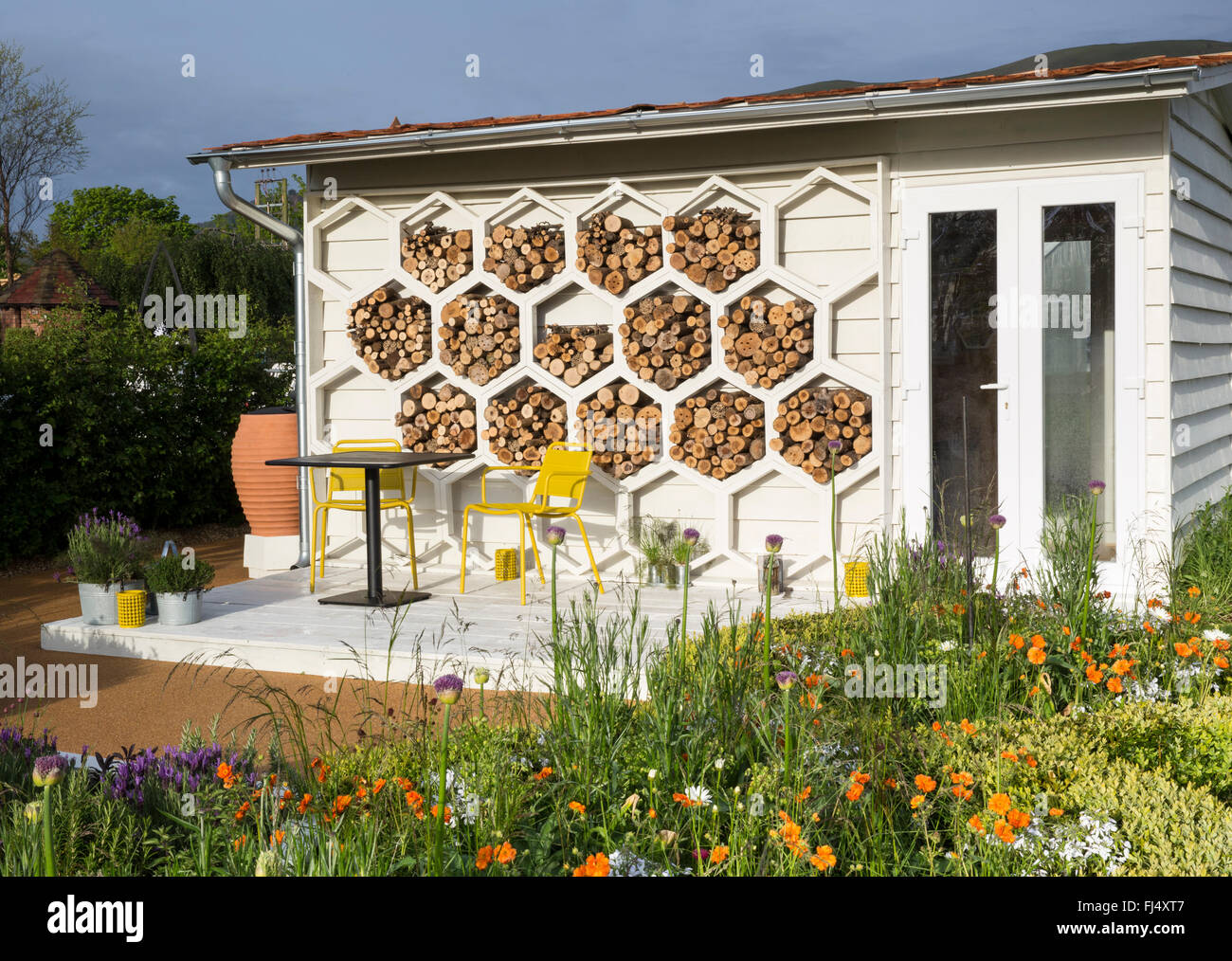 Giardino ufficio Summerhouse ufficio strutture esagonali insetto bug hotel motel habitat terrazza in legno con sedie da tavolo, apicoltura, confini fioriti UK Foto Stock