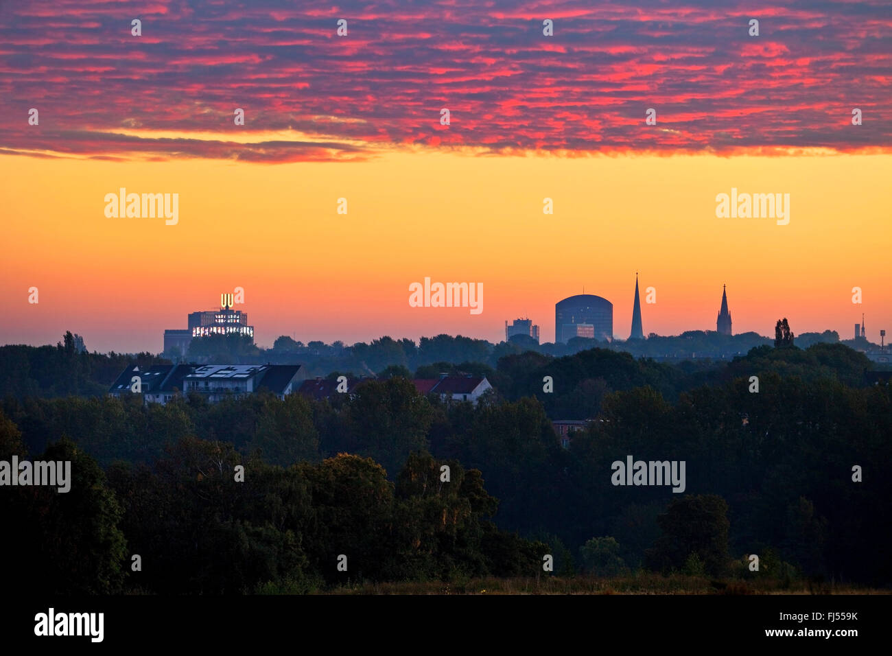 Skyline di Dortmund con U-torre in luce di mattina, in Germania, in Renania settentrionale-Vestfalia, la zona della Ruhr, Dortmund Foto Stock