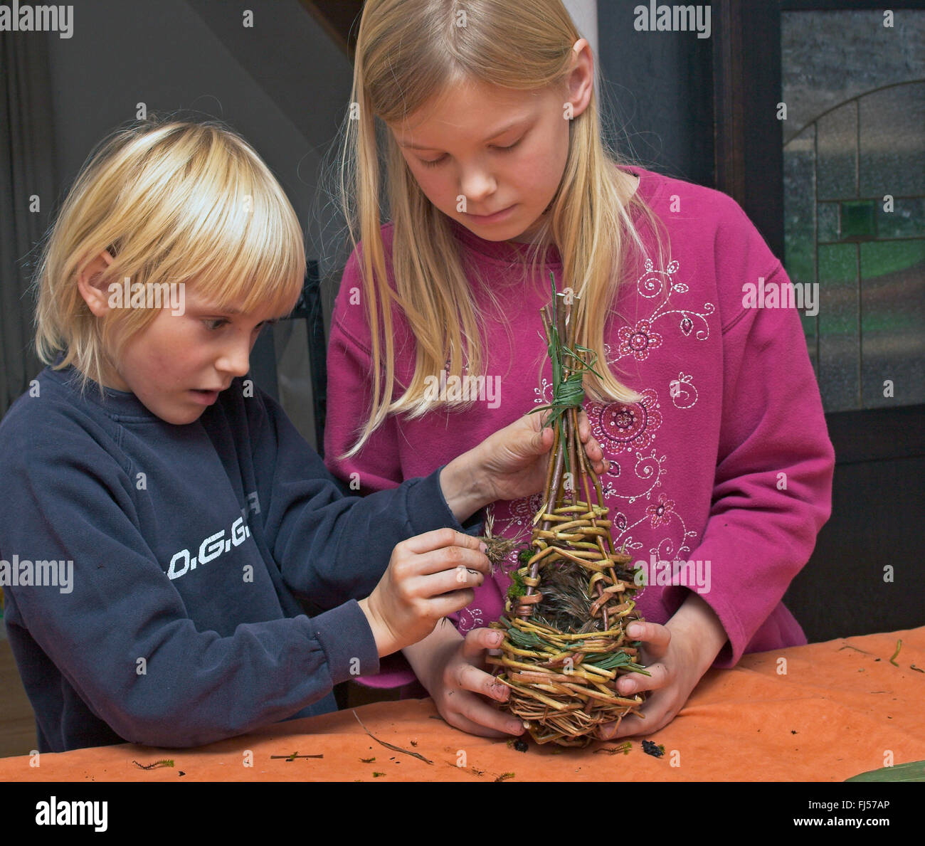 Materiale di nidificazione per la sfera nido, due bambini di un intreccio di rami di salice e rivestimento con MOSS e canneti, Germania Foto Stock