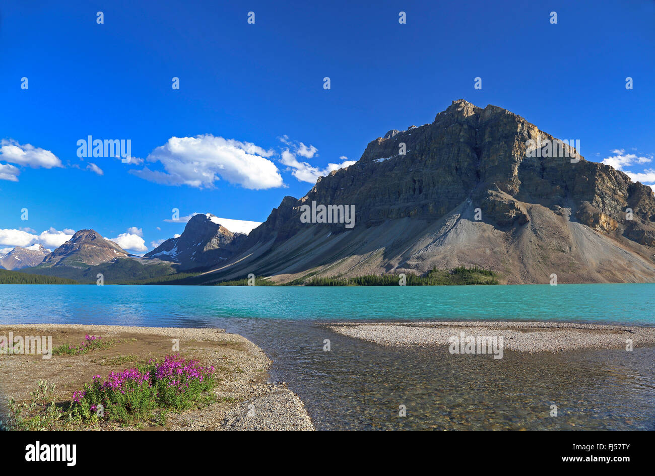 Al Lago Bow e prua in montagna le Montagne Rocciose, Canada, Alberta, il Parco Nazionale di Banff Foto Stock