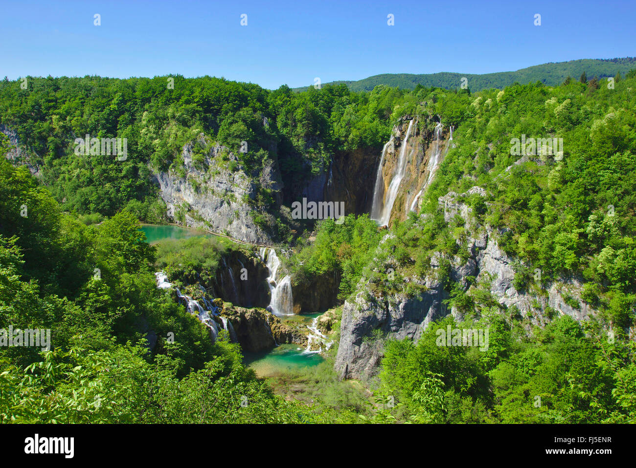 I Laghi di Plitvice con grande cascata, Croazia, il Parco Nazionale dei Laghi di Plitvice Foto Stock
