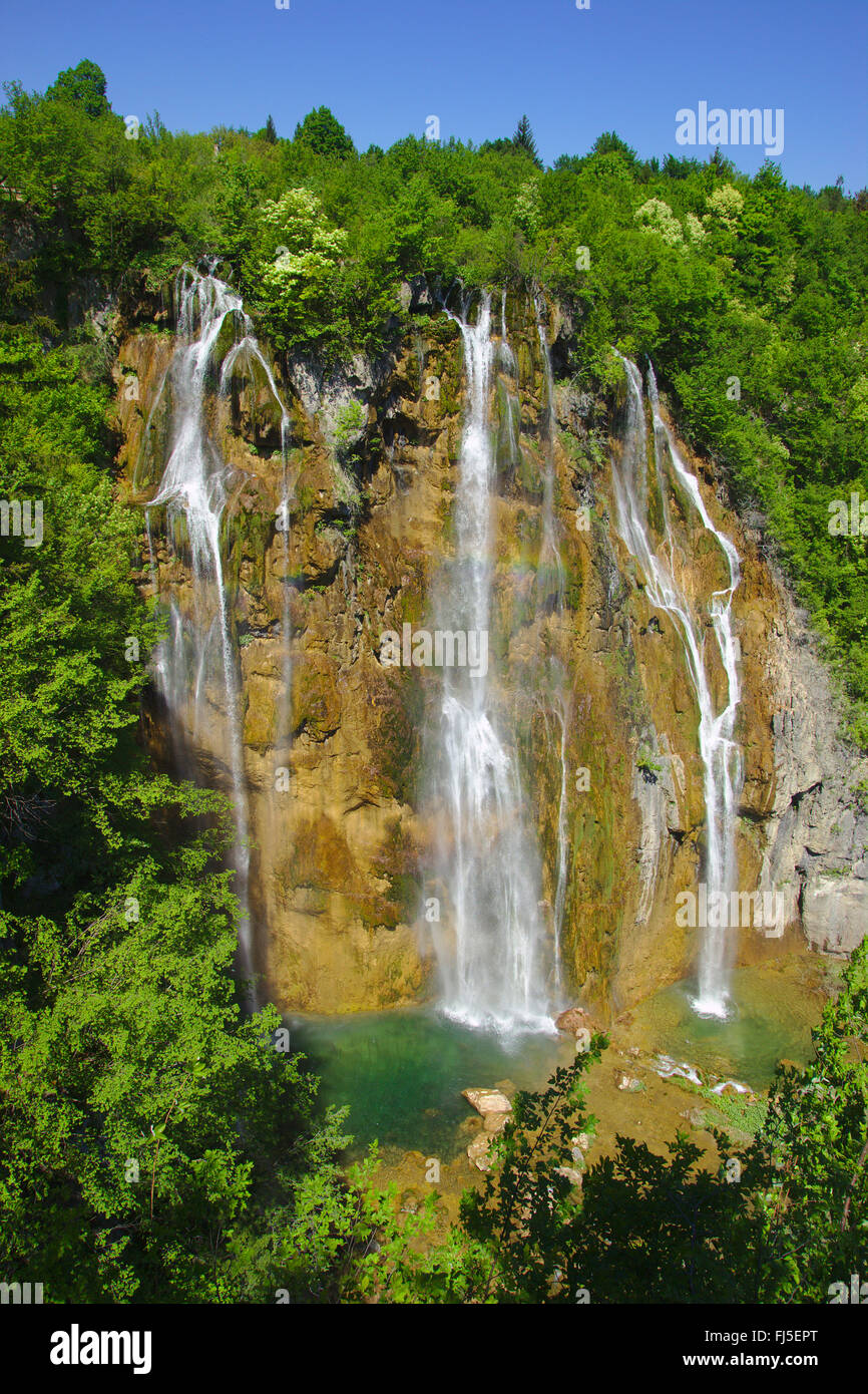 I Laghi di Plitvice con grande cascata, Croazia, il Parco Nazionale dei Laghi di Plitvice Foto Stock