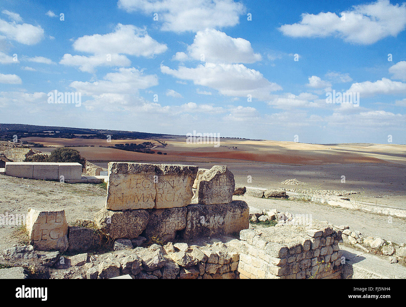 Le rovine romane e il paesaggio. Segobriga parco archeologico, Saelices, Provincia Cuenca, Castilla La Mancha, in Spagna. Foto Stock